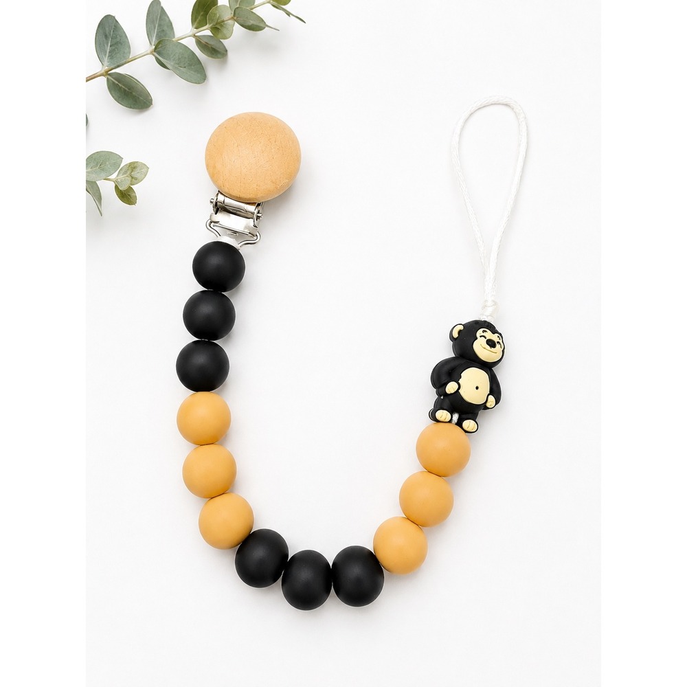 Monkey Silicone Beaded Pacifier Clip w/ Wood Metal Clip BPA-Free